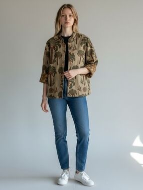 Ruby Rd Cotton Palm Tree Jacket Women’s Sz 8 Tropical Coastal Cottagecore India